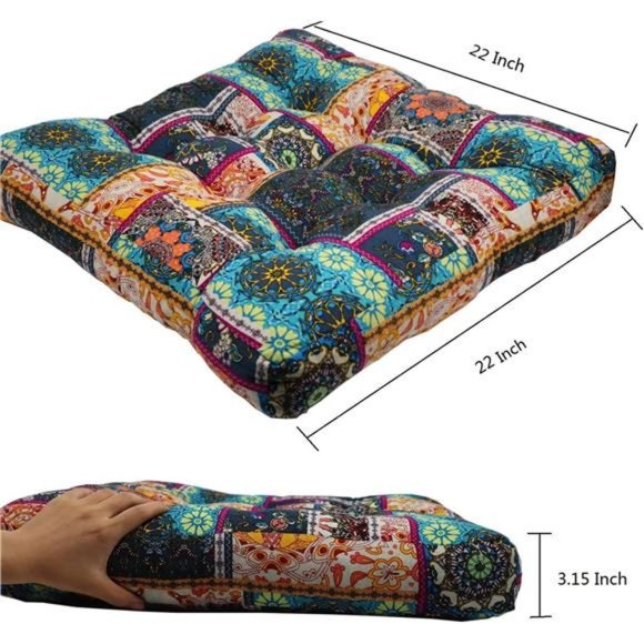 Turquoise Meditation Pillow for Floor, Square Bohemian Mandala Cotton 22x22inch - Picture 4 of 6